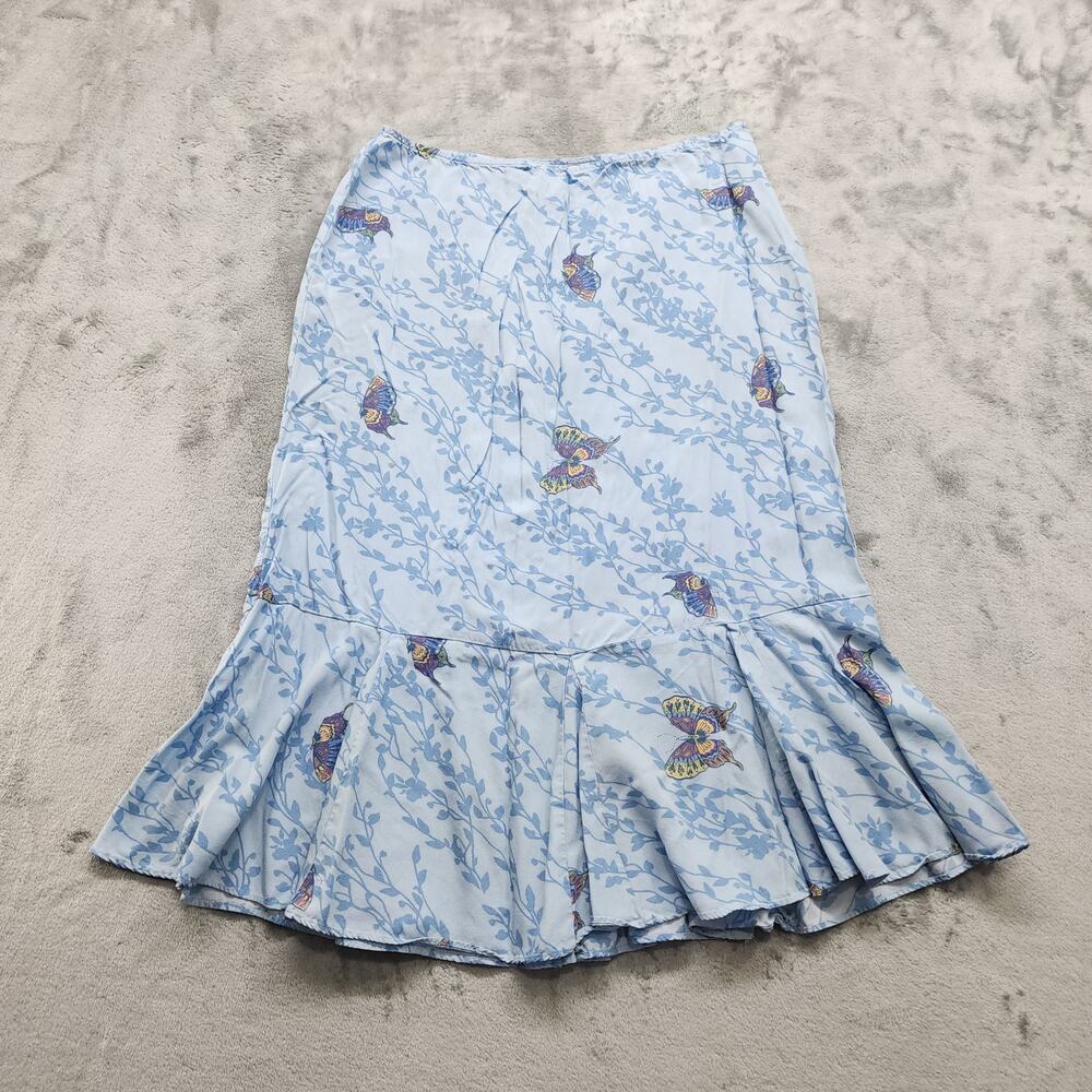 Vintage Emma James Skirt Womens‎ 12 Blue Butterflies Flare Hem Godet Midi Rayon